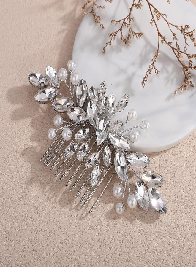Xerling Brides Wedding Silver Rhinestone Pearls Hair Comb Vintage Bridal Hair Jewelry Side Comb Headpiece Women Hair Accessories (Silver) - Image 3